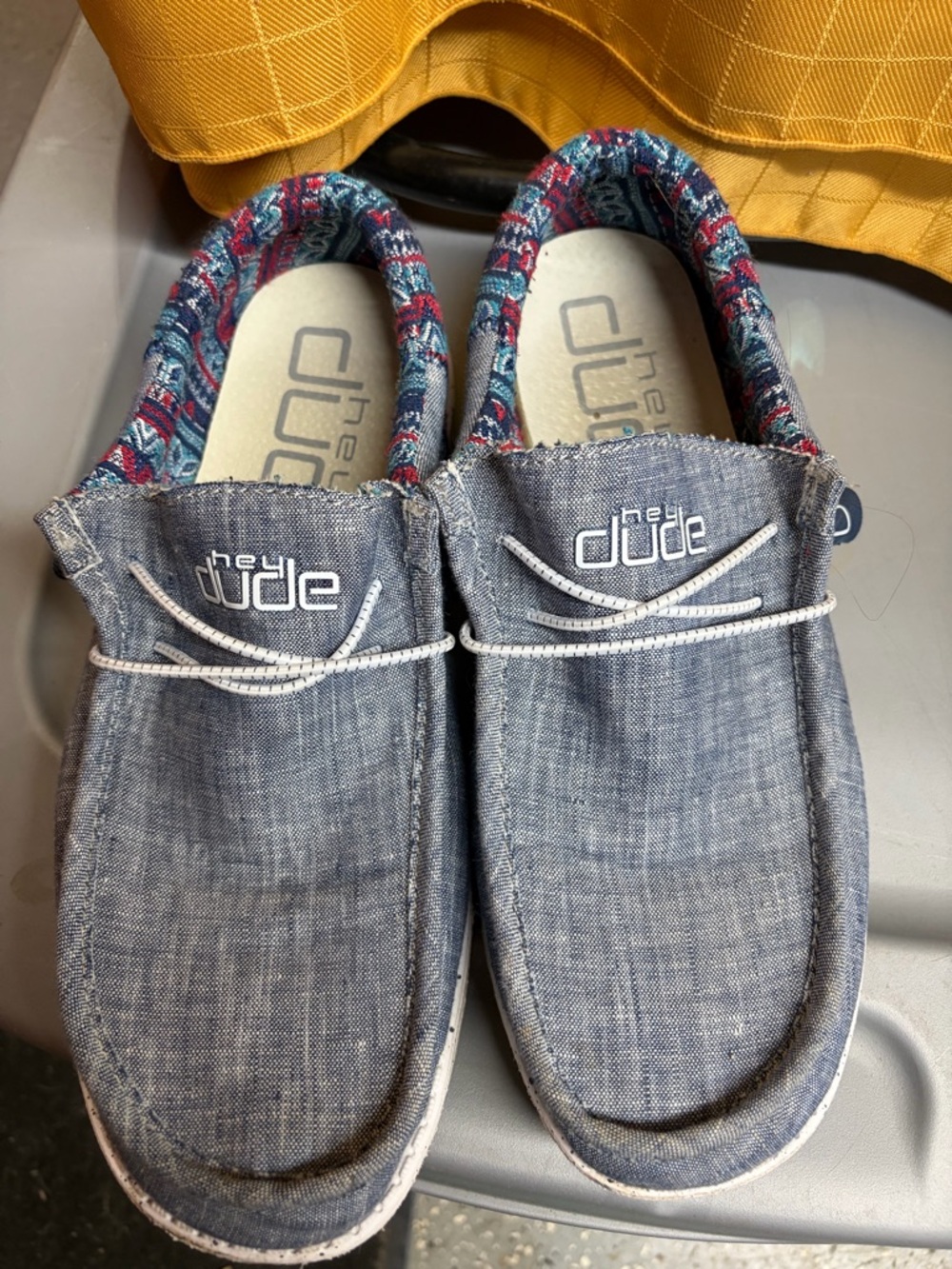 Hey Dude Slip-On Shoes in Blue and Red Woven Fabric